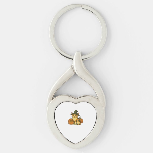 Calico Cat Witch with Pumpkins Halloween Design Cl Key Ring (Front)