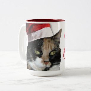 Calico Cat with a Santa Claus Hat Two-Tone Coffee Mug