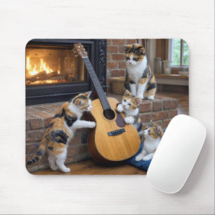 Calico Cat with Kittens and Guitar Mouse Pad