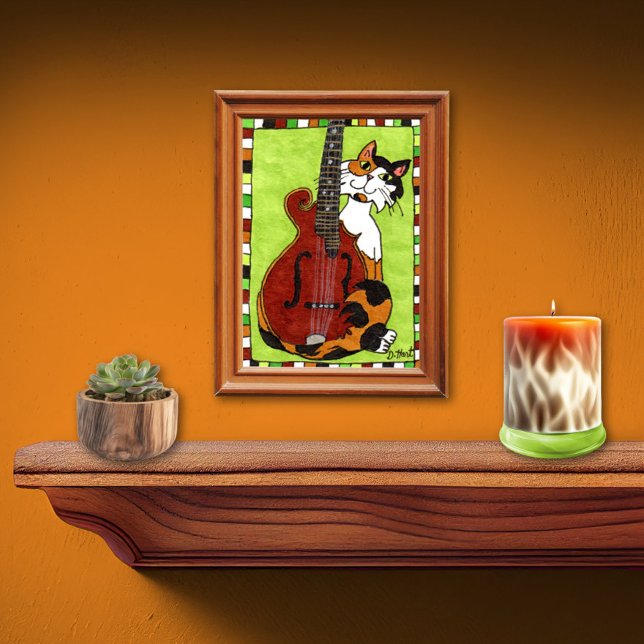 Calico Cat with Mandolin Mini Folk Art Poster (Creator Uploaded)
