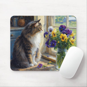 Calico Cat with Pansy Bouquet by Farmhouse Window Mouse Pad