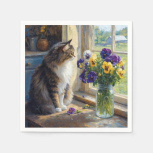 Calico Cat with Pansy Bouquet by Farmhouse Window Napkin