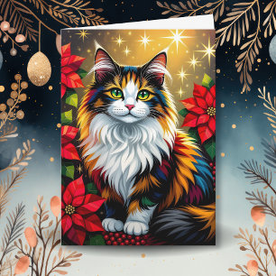 Calico Cat with Poinsettias Custom Christmas Holiday Card