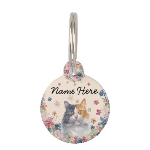 Calico Cat with Tricolored coat Floral circle  Pet Tag