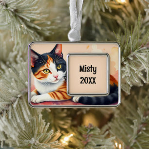 Calico Cat You Had Me at Meow Watercolor Silver Plated Framed Ornament
