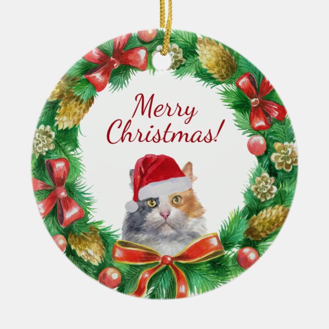 Calico domestic cat merry christmas ceramic ornament (Front)