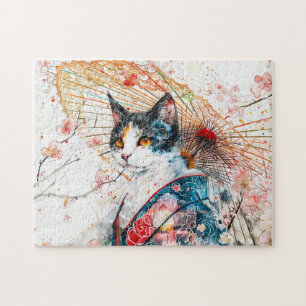 Calico Geisha Cat with Red Umbrella in Chinese Ink Jigsaw Puzzle