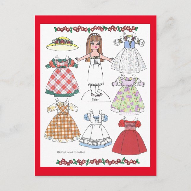 Calico Girl Betsy Old-Fashioned Paper Doll Postcard (Front)