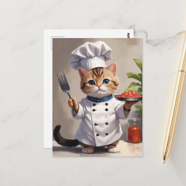 Calico Kitten Chef with Fork Cute Baking Cat Postcard (Front/Back In Situ)