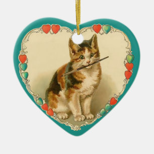 Calico Kitten in Heart - 2 Sided Ceramic Ornament