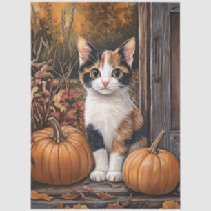 Calico Kitten Sitting Among Fall Leaves Decoupage Tissue Paper