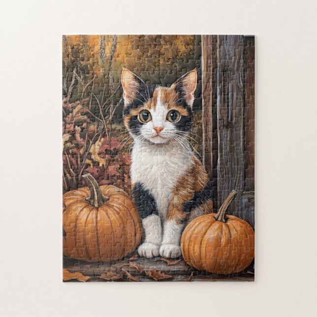 Calico Kitten Sitting Among Fall Leaves Jigsaw Puzzle (Vertical)