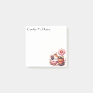 Calico Kitten Sleeping Cat and Pink Daisy Square Post-it Notes