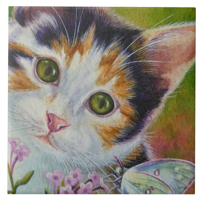 Calico Kitten & Sulphur Butterfly Watercolor Art Ceramic Tile (Front)