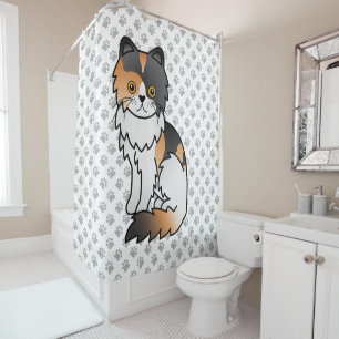 Calico Persian Cute Cartoon Cat & Paws Shower Curtain