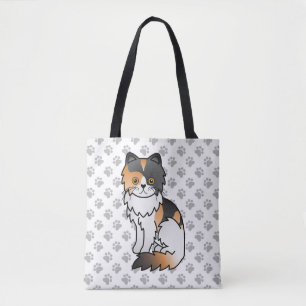 Calico Persian Cute Cartoon Cat & Paws Tote Bag