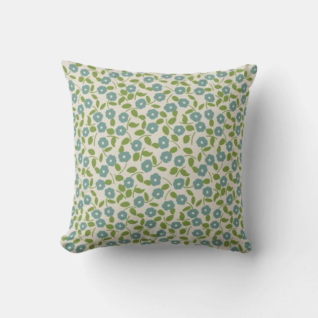 Calico Print Floral Pattern Blue Green Cream Cushion (Front)