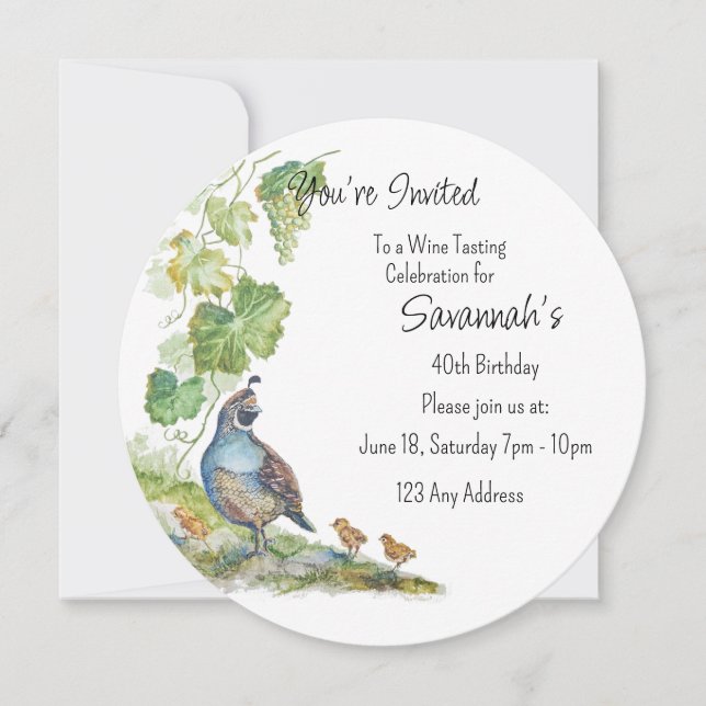 Calif Quail Bird Vineyard Wine Tasting Birthday Invitation (Front)