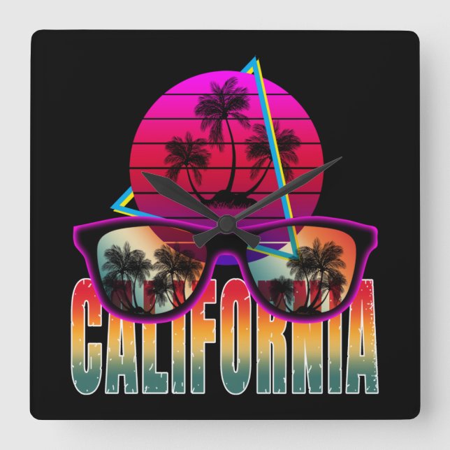 california 80s retro  square wall clock (Front)