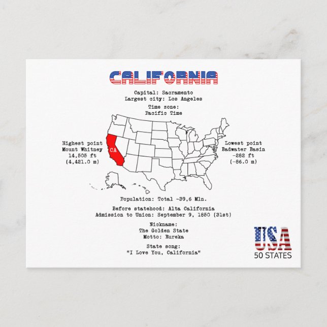 California American state on a map and useful info Holiday Postcard (Front)