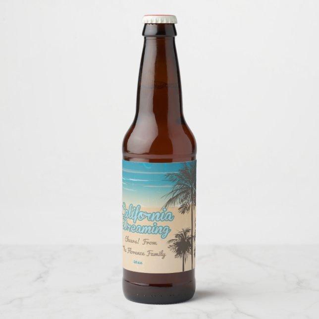 California, Beach with Palm Trees Beer Bottle Label (Front)