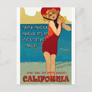 California beaches, woman in red swimsuit postcard