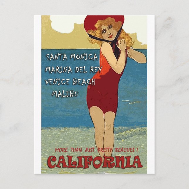 California beaches, woman in red swimsuit postcard (Front)