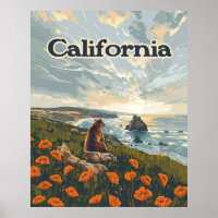 California Bear Poppies Flowers Coast Retro