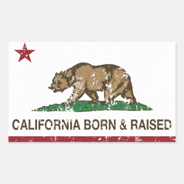 California Born and Raised Distressed Rectangular Sticker (Front)