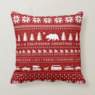 California Christmas Holiday Pattern White on Red Cushion