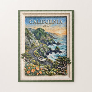 California Coastal Road Trip Vintage Landscape Art Jigsaw Puzzle