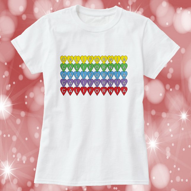 California Colourful Hearts Pattern T-Shirt (A shirt with the word California in yellow, green, blue, purple and red hearts)
