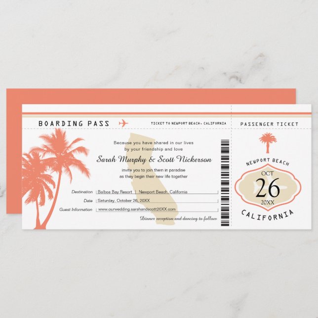 California Coral Palm Tree Boarding Pass Wedding Invitation (Front/Back)