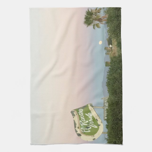 California desert sunset with the moon rising tea towel (Vertical)