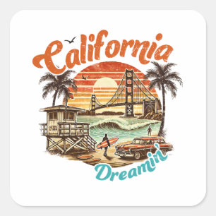 California Dreamin’ – Coastal Bridge, Beach Square Sticker
