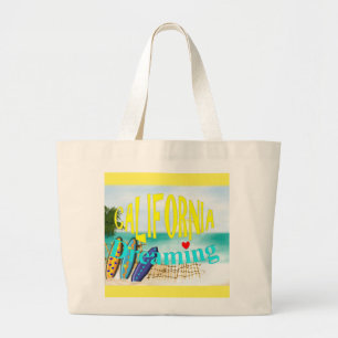 California Dreaming Sunny Sea Sand Surfing Scene Large Tote Bag
