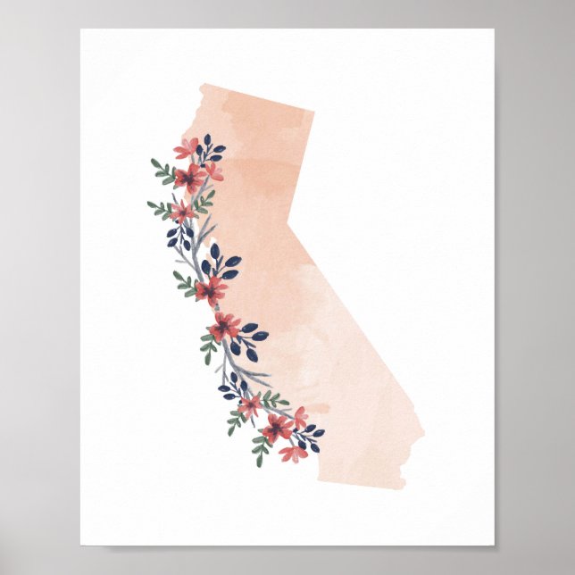 California Floral Watercolor State Poster (Front)