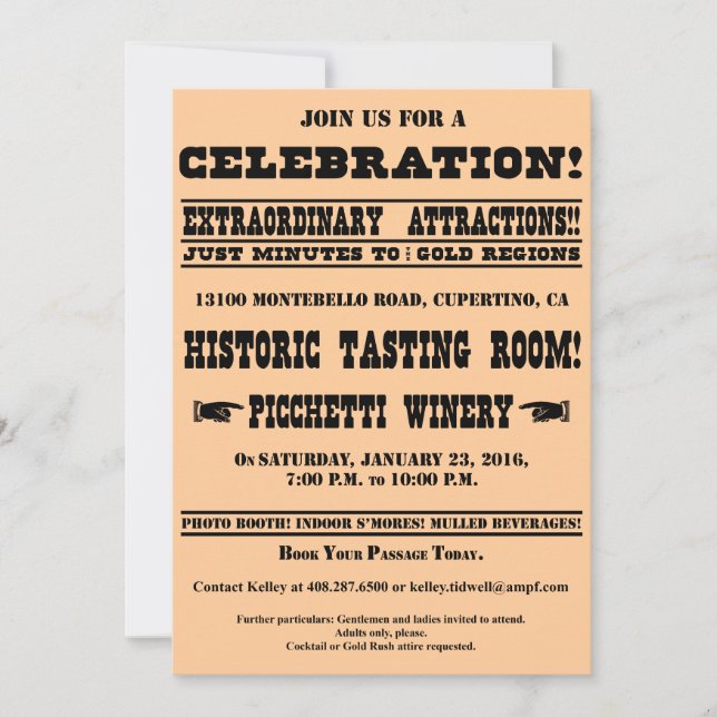 California Gold Rush Handbill ~ Private Custom Invitation (Front)