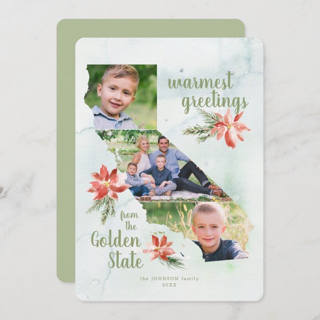 California Golden State Map Holiday 3 Photo Card (Front/Back)