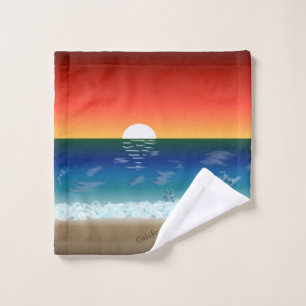 California Heart Sunset by the Ocean illustration Bath Towel Set
