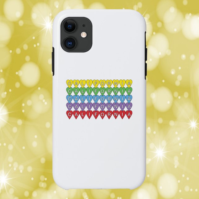 California Hearts Colourful Case-Mate iPhone Case (A phone case with the word California in yellow, green, blue, purple and red hearts)