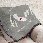 California Home State Personalised Throw Blanket<br><div class="desc">Show some home state pride with this cute rustic grey throw blanket featuring "home" in white calligraphy script lettering with a silhouette map of the state of California standing in for the letter "O." A pink heart illustration inside the state map completes the design; you can change the position of...</div>