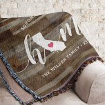 California Home State Personalised Wood Look Throw Blanket<br><div class="desc">Show some home state pride with this cute rustic faux wood plank throw blanket featuring "home" in white calligraphy script lettering with a silhouette map of the state of California standing in for the letter "O." A pink heart illustration inside the state map completes the design; you can change the...</div>
