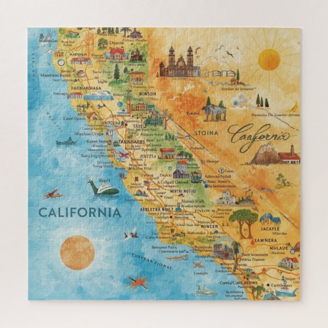 California Illustrated Watercolor Map Art Jigsaw Puzzle (Vertical)