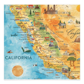 California Illustrated Watercolor Map Art Photo Print