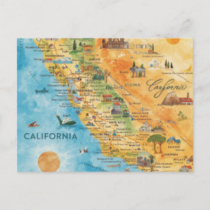 California Illustrated Watercolor Map Art Postcard