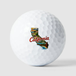 California Landmarks Map Illustration–Retro Travel Golf Balls