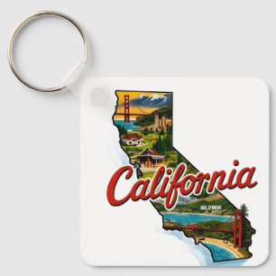 California Landmarks Map Illustration–Retro Travel Key Ring