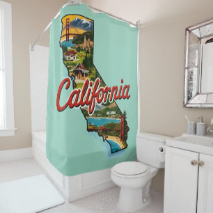 California Landmarks Map Illustration–Retro Travel Shower Curtain