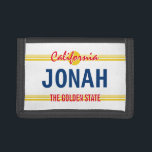 California license plate retro style custom trifold wallet<br><div class="desc">California license plate retro style custom Trifold Wallet gift. Make your own vanity car license plates wallet. Cool automotive theme Birthday gift idea for him or her. Personalise with your own name or plate numbers. Red script typography template with yellow sunset. California Republic. Letters can be spaced out or narrowed....</div>